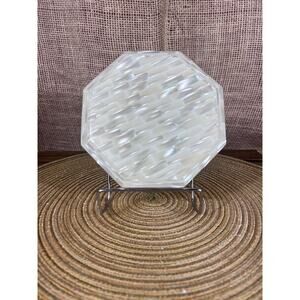 Beautiful Vintage Inlaid Mother Of Pearl~Grey Velvet Lining~Hinged Back